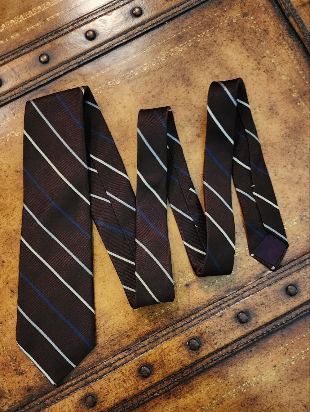 Vintage OLEG CASSINI Men’s Tie Brown Blue Striped Polyester Retro Necktie